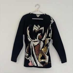VTG Knit Sweater Women's Sz Med 100% Wool Y2K 90s Sparkle Glam Embroidery Beaded